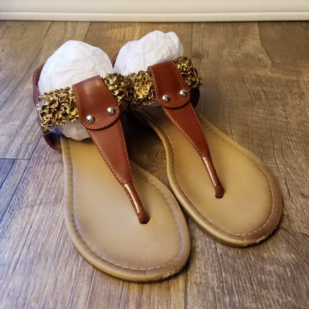 385 Fifth Ruffled Leopard Print Flat Sandals